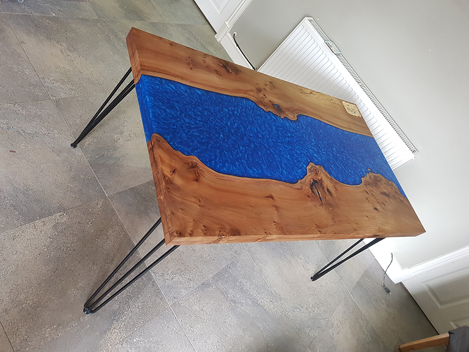 Burr Elm Board with Neon Blue Resin Inlay